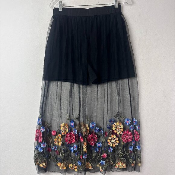 shorts black with mesh sheer embroidered floral overlay sz L fairygoth whimisgot - Picture 1 of 4